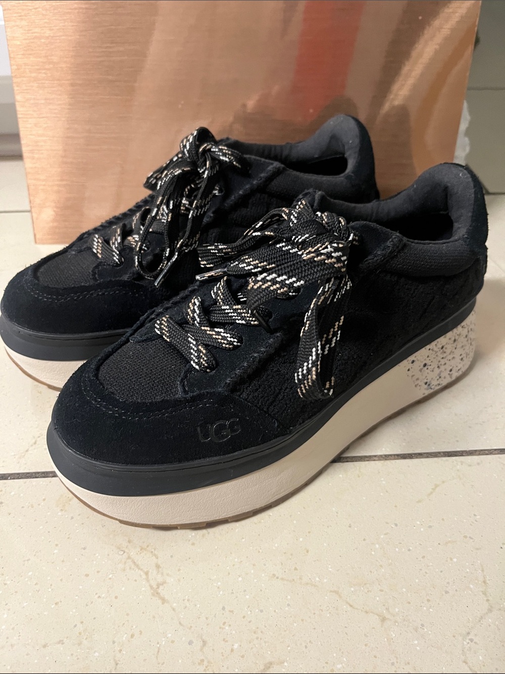 UGG Black Suede Platform Lowmel Sneakers with Speckled Wedge